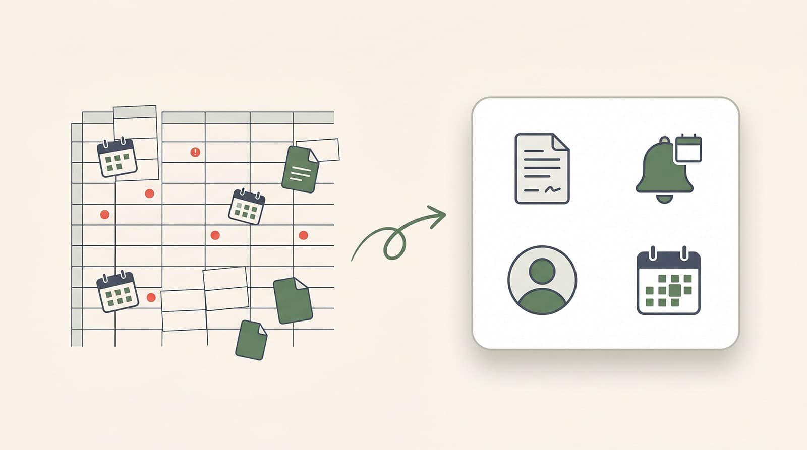 Illustration comparing spreadsheet tracking to dedicated contract tracking software